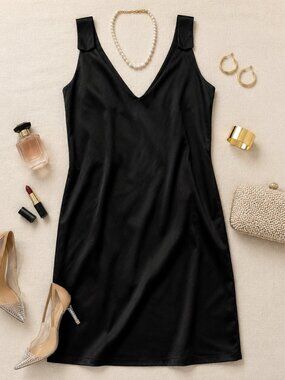 SFW Classic Black LBD V-Neck Slip Dress Satin Medium